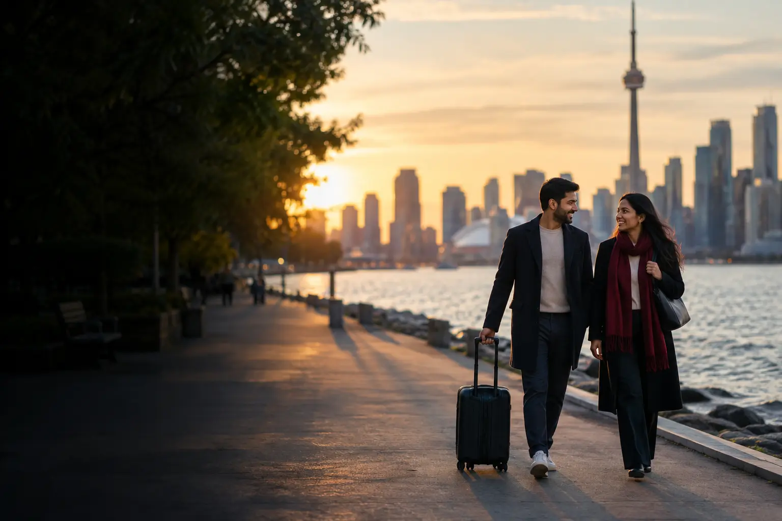 Couple with a suitcase walking along the Toronto waterfront at sunset